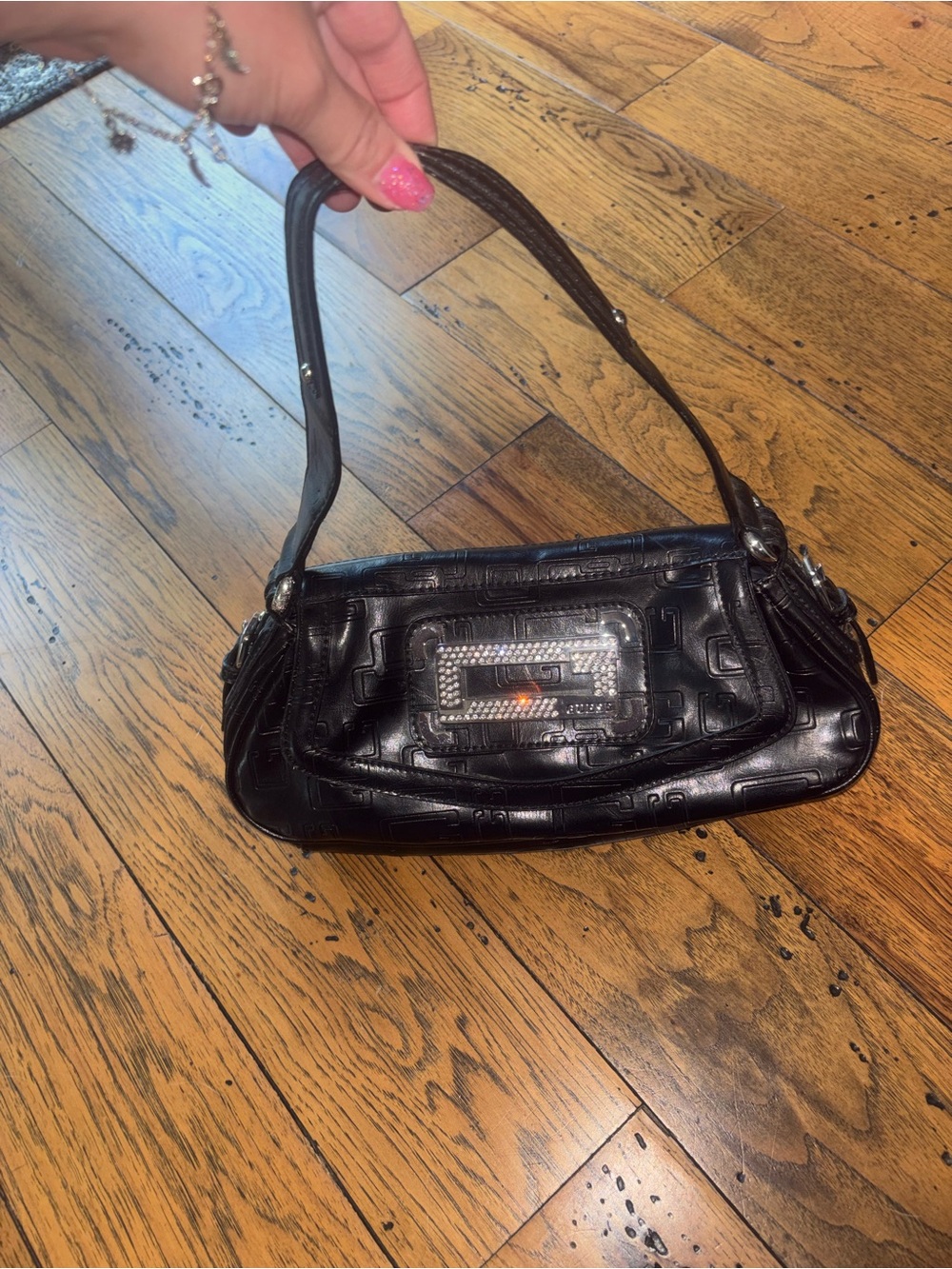 Y2K Guess Black Embossed Monogram Hobo/Baguette Shoulder Bag Rhinestones